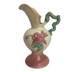 VTG Hull Woodland Pottery Ewer Pitcher Pink Floral Design Satin Matte‎ W6 USA 6"
